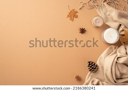 Autumn mood concept. Top view photo of candles anise yellow maple leaves pine cones and plaid on isolated beige background with copyspace