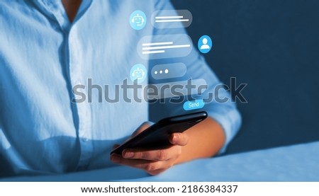 Chatbot conversation concept. Customer using online service with chat bot to get support. Virtual assistant and CRM  software automation technology. Royalty-Free Stock Photo #2186384337
