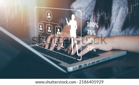 Businesswoman hand using laptop to play social media,Human icon with a notification people icon,Social Distancing ,Teamwork Concept, international consulting company. Social networking hologram icons.