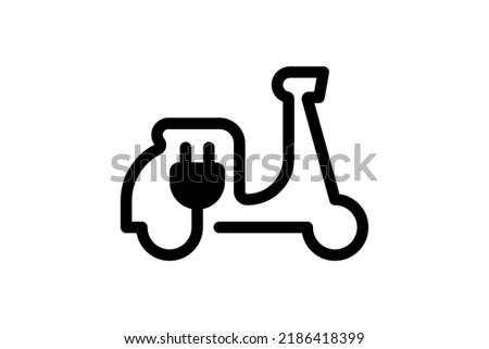 Electric motorcycle icon. Black cable electrical moped contour and plug charging symbol. Eco friendly electro motorcycle vehicle sign concept. Vector battery powered EV transportation eps illustration