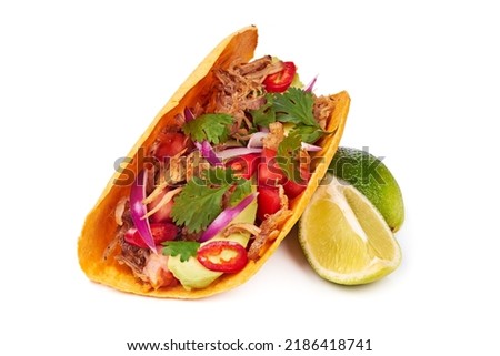 Pulled pork taco with lime on white background