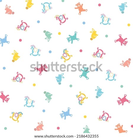 pastel color animal and dots cute baby pattern. rabbit, teddy bear and rocking horse pattern backdrop background. pink, blue, yellow, orange, tosca, green