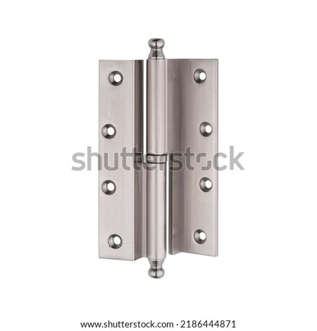 Door hinges made of metal on a white isolated background. Hinges for doors of a room, apartment, office, warehouse and other premises. Fastening for doors on the frame and on the wall. Royalty-Free Stock Photo #2186444871