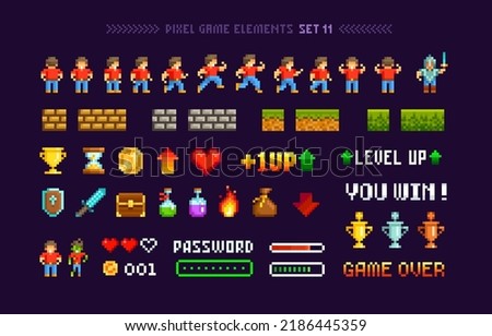 Pixel Game trophy cups,  medals with loot icons and elements for arcade design. Level up with character animation game design. Retro 80s - 90s style video game sprites. Pixel Art Vector template Royalty-Free Stock Photo #2186445359
