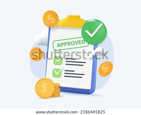 Approved credit bill. good credit score receiving loan approval from bank. Personal finance vector illustration. 3D document, banking, manage finances render. excellent rating credit, mortgage loans Royalty-Free Stock Photo #2186445825