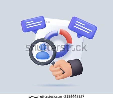 3D render Marketing analitics and development illustration. Taking part in business activities. Magnifying glass, zoom, customer review. Know your customer. Business statistics graph. 3D Trendy vector Royalty-Free Stock Photo #2186445827
