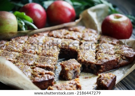 Gluten Free Apple and Walnut Cake made with almond flour perfect for Passover, Rosh Hashanah or an autumn dessert. Extreme selective focus on center slice with blurred foreground and background.