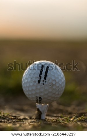 closeup of a golf ball on a tee at sunset