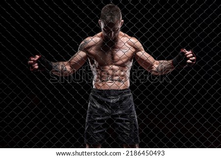 Dramatic image of a mixed martial arts fighter standing in an octagon cage. The concept of sports, boxing, martial arts.  Royalty-Free Stock Photo #2186450493