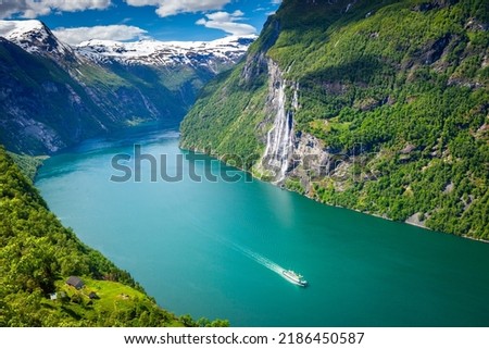 Gieranger fjord and Seven Sisters Waterfalls in More og Romsdal, Norway, Northern Europe Royalty-Free Stock Photo #2186450587