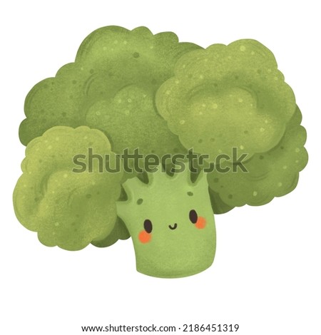 Cute broccoli, kawaii vegetables, food clipart, isolated on white background, suitable for prints, stickers, postcards, patterns, website elements