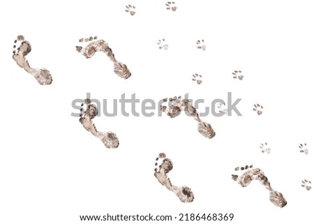 Human and dog footprints collage isolated on white background. Royalty-Free Stock Photo #2186468369