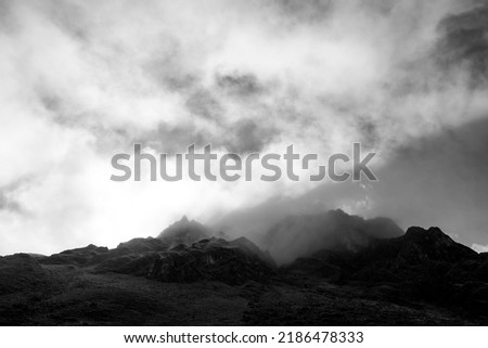 A black and white landscape in the mountains