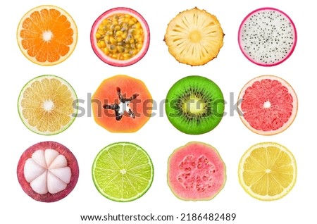 Fresh fruits cross sections isolated on white background. Orange, passion fruit, pineapple, dragon fruit, white grapefruit, papaya, kiwi, pink pineapple, mangosteen, lime, guava, lemon