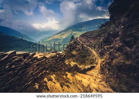 perfect mountain trail in the Himalaya, Nepal Royalty-Free Stock Photo #218649595