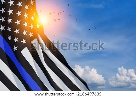 American flag with police support symbol Thin blue line on blue sky with birds. American police in society as the force which holds back chaos, allowing order and civilization to thrive. 3d-rendering.