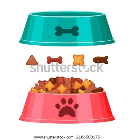 Dog or cat dry food bowl. Bone and fish shaped crisps. Red and green pet bowl with dry food. Flat style vector illustration isolated on white background