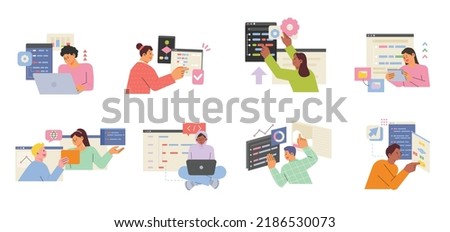 Developers are coding programs on computers. A computer pop-up window floats around the programmer. flat design style vector illustration.