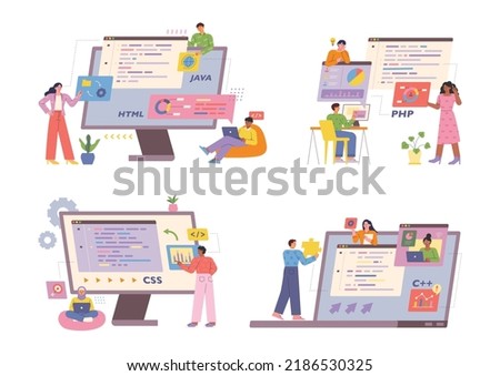 Programmers are coding programs around huge computers and digital pages. flat design style vector illustration.