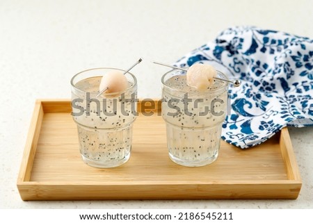 Bird Nest Ice or Es Sarang Burung, Indonesian Traditional Refreshment Made from Shredded Jelly, Basil Seed, Lyche, Simple Syrup, and Nata de Coco. Popular for Iftar Ramadan or Takjil.  Royalty-Free Stock Photo #2186545211