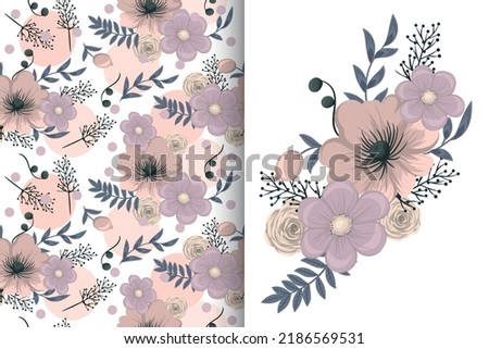 Flower bouquet with seamless pattern. Floral background set