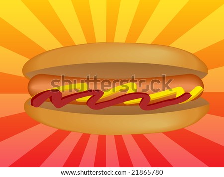 Hot dog illustration, sausage in bun with condiments