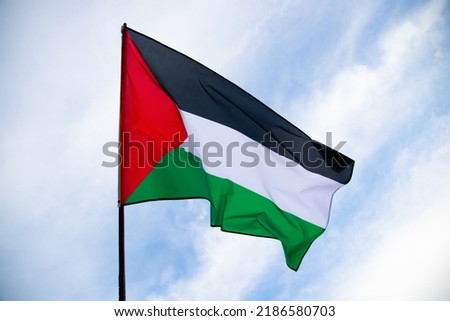 Palestine national flag waving in the wind. International relations concept. Royalty-Free Stock Photo #2186580703