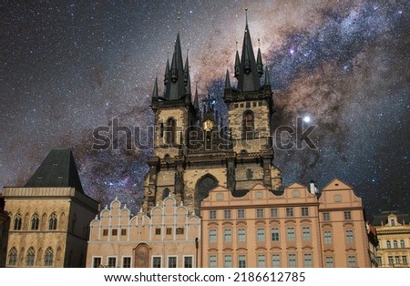 View of The Church of Our Lady before Tyn with starry sky in the background. The Old Town Square Prague Czech Republic