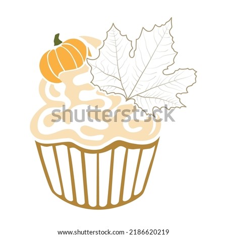 autumn cupcake with little pumpkin and leaves, vector artwork