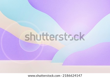 Abstract empty stage mockup - paper landscape with mountains blue, violet, white color, sunbeam glare  in baby cartoon naive style. Art background for presentation of cosmetic produce, gift, goods.