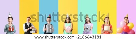 Set of people celebrating birthday on colorful background Royalty-Free Stock Photo #2186643181