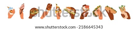 Hands holding fast food, street snacks set. Arms with sweet dessert, takeaway pizza, burger, croissant, hotdog, icecream, sandwich and shawarma. Flat vector illustrations isolated on white background