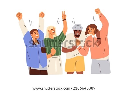 Happy team, young people celebrate business victory, work success with joy, fun. Colleagues winners rejoicing, exulting together with hands up. Flat vector illustration isolated on white background Royalty-Free Stock Photo #2186645389