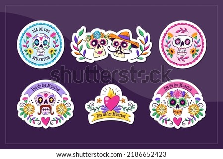 Mexican Dia de los Muertos stickers. 6 stickers with traditional Mexican elements to celebrate the Day of the Dead. Isolated elements, perfect for sticker designs, online posts, party events. Set 2-3.