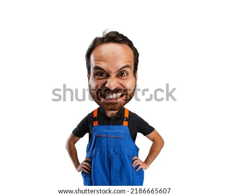 Angry auto mechanic. Funny man with a caricature face isolated over white background. Cartoon style character with big head. Concept of business, jobs, humor, funny meme emotions.