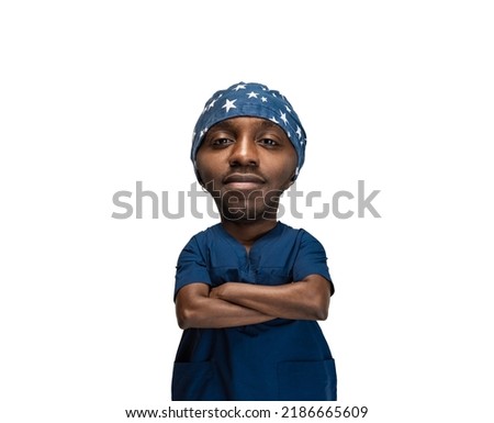 Young doctor. Funny man with a caricature face isolated over white background. Cartoon style character with big head. Concept of business, jobs, humor, funny meme emotions.