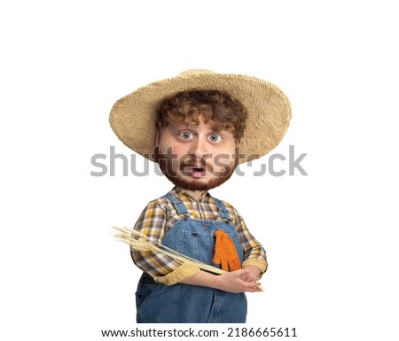 Surprised farmer. Funny man with a caricature face isolated over white background. Cartoon style character with big head. Concept of business, jobs, humor, funny meme emotions.