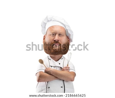 Serious chief cook. Funny man with a caricature face isolated over white background. Cartoon style character with big head. Concept of business, jobs, humor, funny meme emotions.