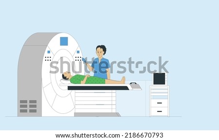 MRI exam, CT scan procedure, flat vector illustration. Magnetic resonance imaging. MRI scanner, machine. Monitor MRI or CT Scan with Female Patient Undergoing Procedure. vector illustration