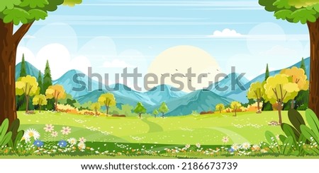Nature Spring Rural landscape of Green Fields Meadow on Hills with Clouds and Blue Sky,Vector Cartoon Panorama Sunny day Summertime,Panoramic Natural Countryside with Mountains, Wild flowers field Royalty-Free Stock Photo #2186673739