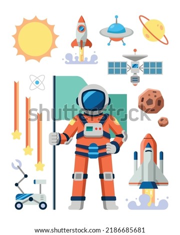Flat style astronaut and space objects vector set cartoon illustration