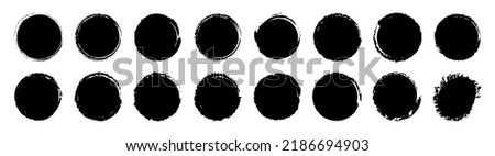 Grunge brush circles of paint. Stroke black round ink texture, stamp. Abstract frame border design. Shape line background. Vector. Set of watercolor paintbrush dirty splashes. Hand grungy brushstrokes
