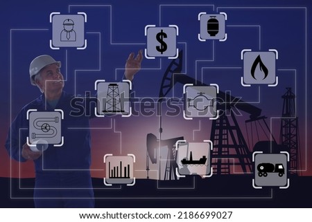 Professional engineer, illustration of different icons and gas pumps silhouettes on background