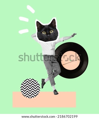 Contemporary art collage. Man with black cat muzzle head cheerfully dancing isolated over green background. Vinyl party. Concept of party, fun, creativity, surrealism, animal design. Poster, ad