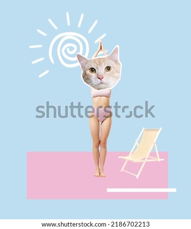 Contemporary art collage. Slim woman in swimming suit with cute cat muzzle sunbathing on beach. Summer party. Concept of party, fun, creativity, surrealism, animal design. Poster, ad