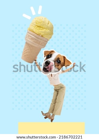 Contemporary art collage. Creative design with woman with cute dog's head eating ice cream isolated on blue background. Concept of party, fun, creativity, surrealism, animal design. Poster, ad