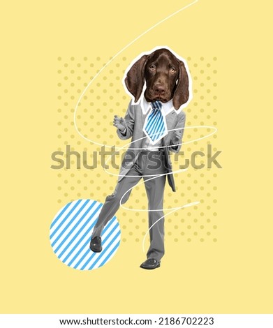 Contemporary artwork. Cheerful businessman with dog muzzle head dancing, celebrating successful deal isolated on yellow background. Concept of party, creativity, surrealism, animal design. Poster, ad