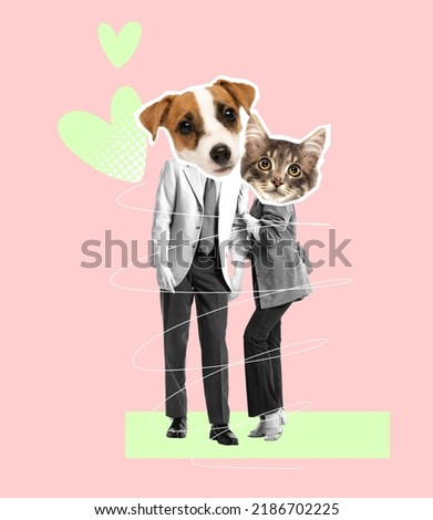 Contemporary artwork. Creative design of man and woman with dog's and cat's muzzle isolated on pink background. Romantic date. Concept of party, fun, creativity, surrealism, animal design. Poster, ad