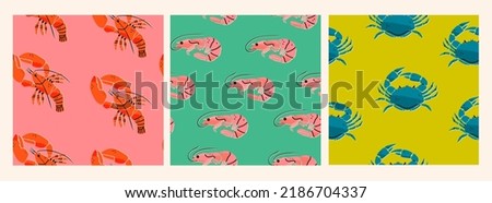 Lobster, crab, shrimp. Seafood shop, restaurant menu, fish market, banner, fabric, textile print, poster design template. Fresh shellfish products. Trendy Vector illustration. Square seamless patterns Royalty-Free Stock Photo #2186704337