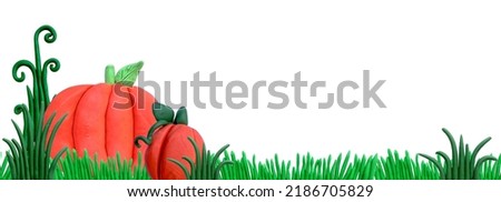 seamless border, frame on the theme of halloween, thanksgiving day. cute 3d plasticine sculptures. funny orange pumpkins in the meadow, green grass.